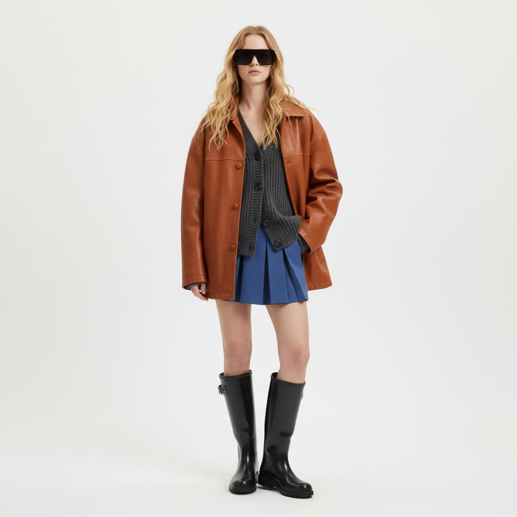 Brown Oversized Jacket Layered Over Grey Cardigan And Blue Skirt, Paired With Black Rain Boots And Sunglasses.