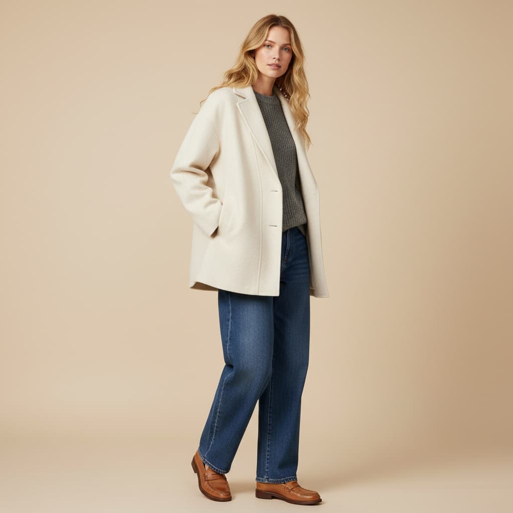 Cream Oversized Jacket Layered Over Grey Sweater And Blue Wide-Leg Trousers, Paired With Brown Casual Shoes.