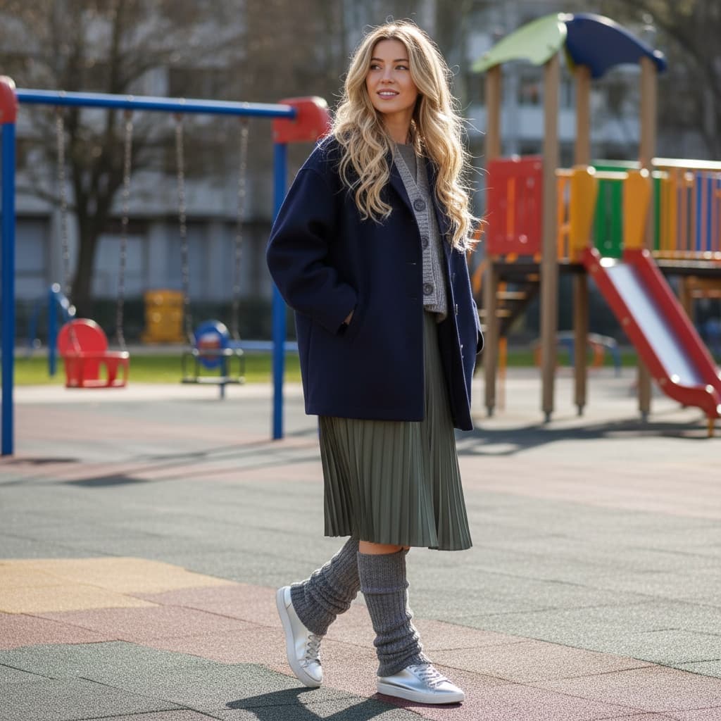 Navy Oversized Jacket Layered Over Grey Cardigan And Green Skirt, Paired With Grey Leg Warmers And Silver Sneakers.