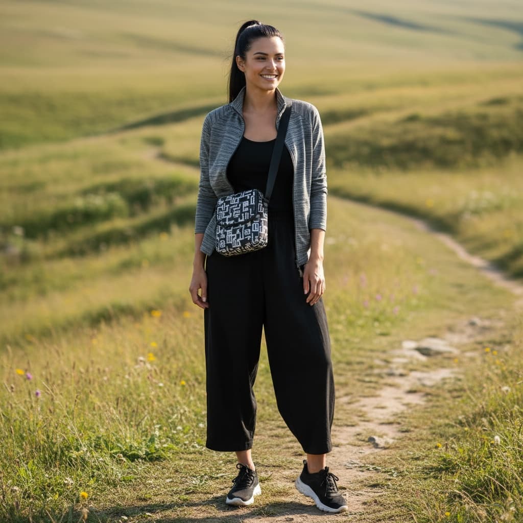 Striped Grey Zip-Up Jacket With Black Wide-Leg Pants, Paired With Black Sneakers And Patterned Crossbody Bag.