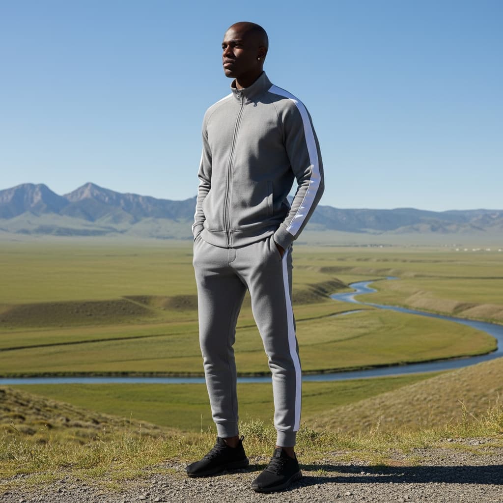 Grey Zip-Up Jacket With White Accents, Matching Sweatpants With Slim Cuffs, Sporty Silhouette In Soft Fabric, Paired With Black Sneakers