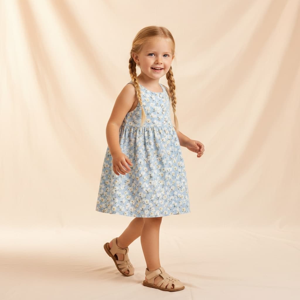 Light Blue Floral Dress With Buttons, Paired With Beige Sandals.
