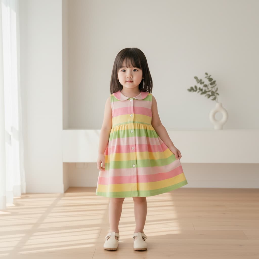 Striped Button-Front Dress In Pink, Yellow, And Green, Paired With Cream-Colored Shoes.