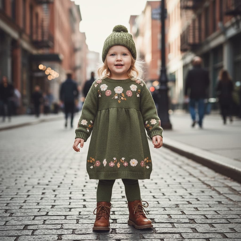 Olive Green Knitted Dress With Floral Embroidery, Matching Green Knitted Hat, And Brown Leather Boots.