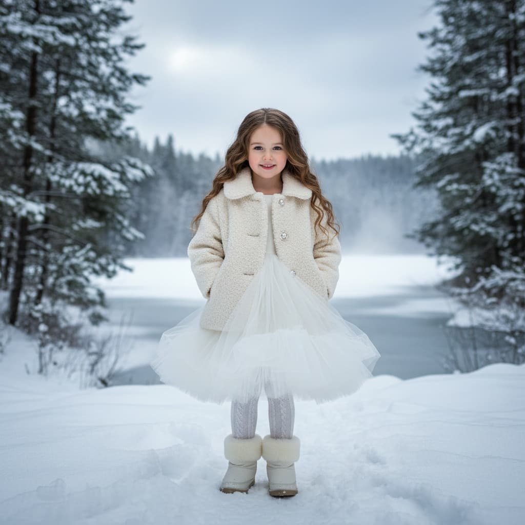White Wool Coat Over A White Tutu Dress, Paired With White Tights And Snow Boots.