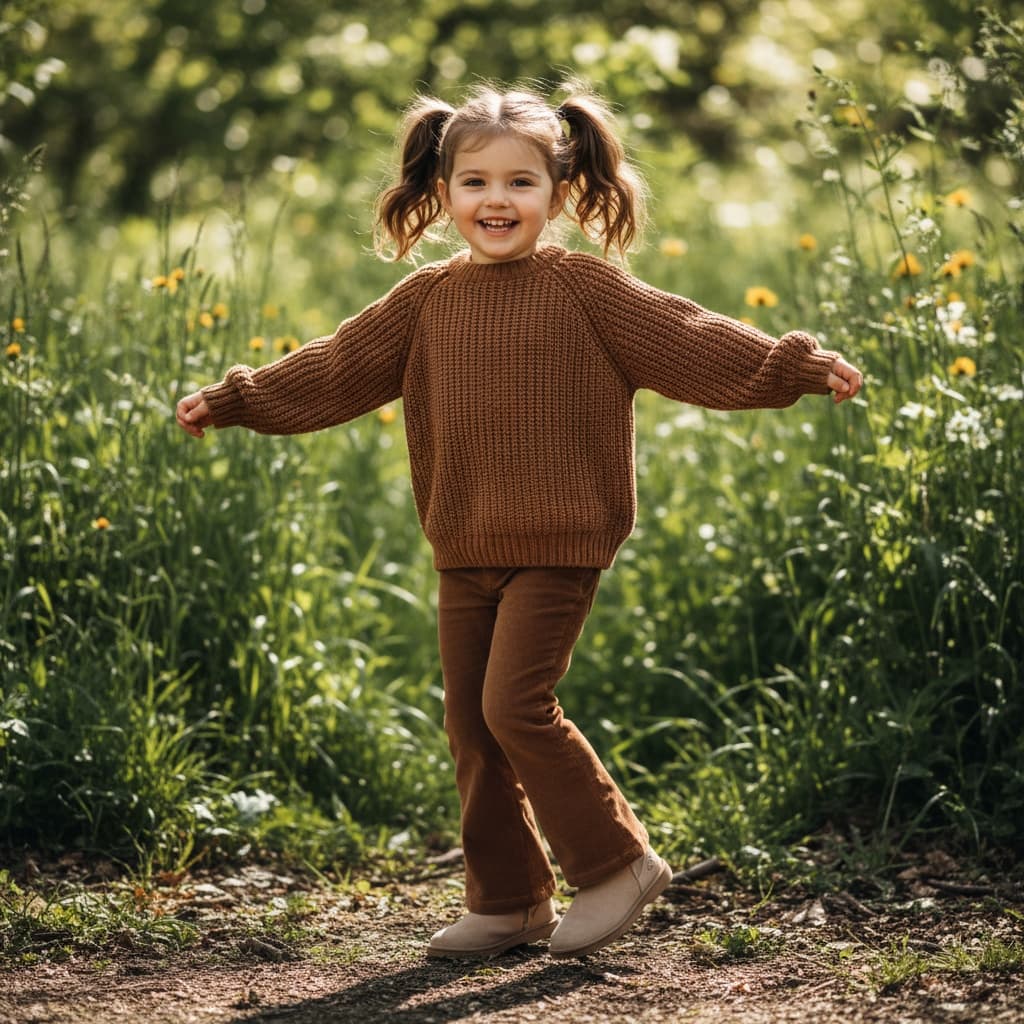 Brown Sweater And Brown Flared Pants, Paired With Beige Boots.