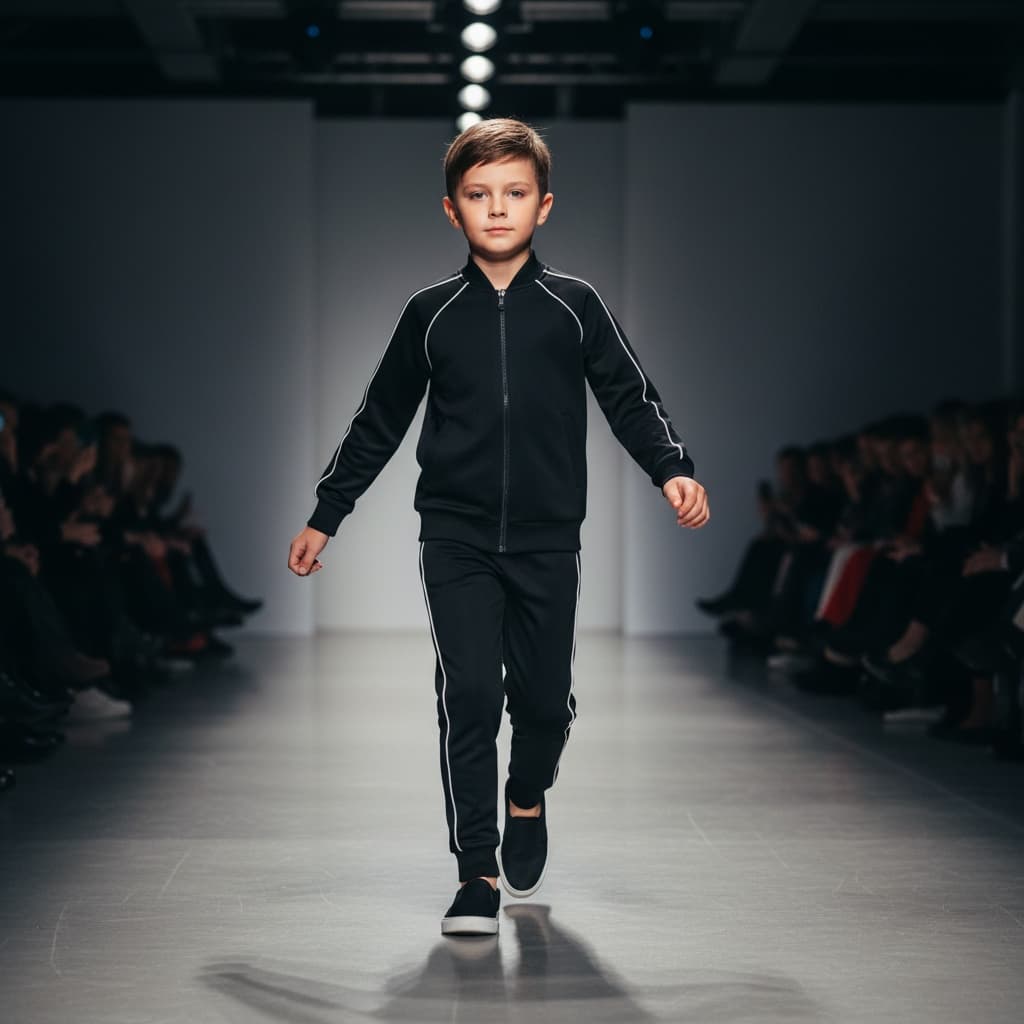 A Black Tracksuit With White Piping Details Throughout The Jacket And Pants, Paired With Black Slip-On Shoes.