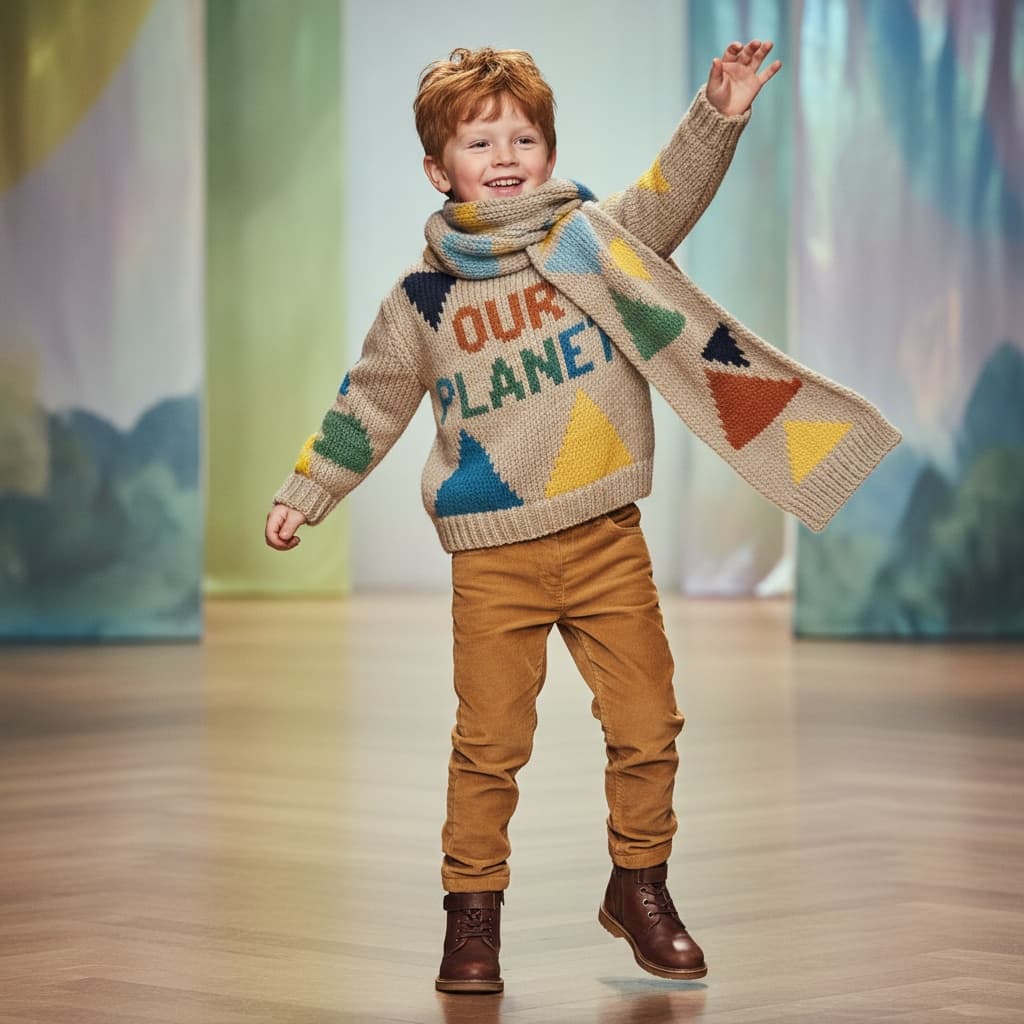 A Beige Knitted Sweater With Colorful Abstract Shapes And our Planet" Text, A Matching Scarf, And Brown Trousers.
