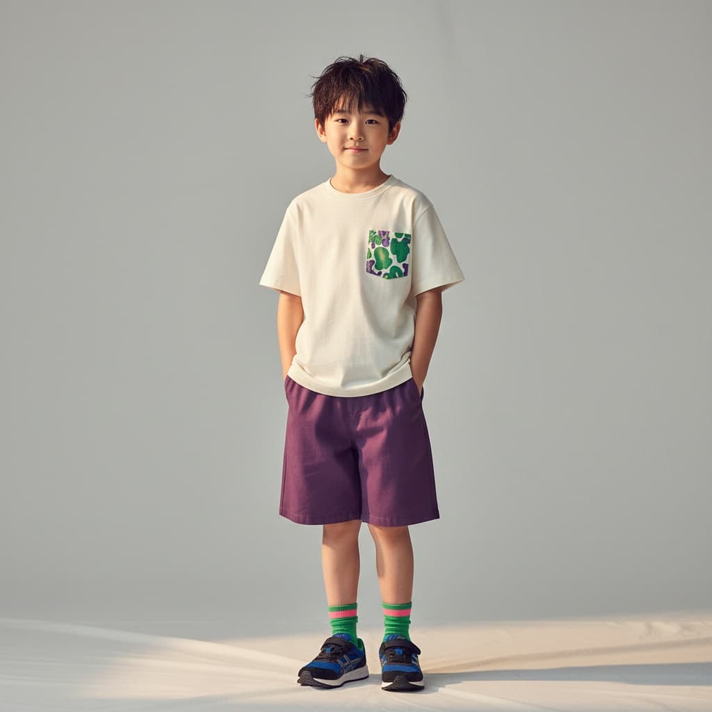 A Cream Short-Sleeved T-Shirt With A Green And Purple Pocket, Purple Shorts, And Blue And Black Sneakers With Green And Pink Socks.