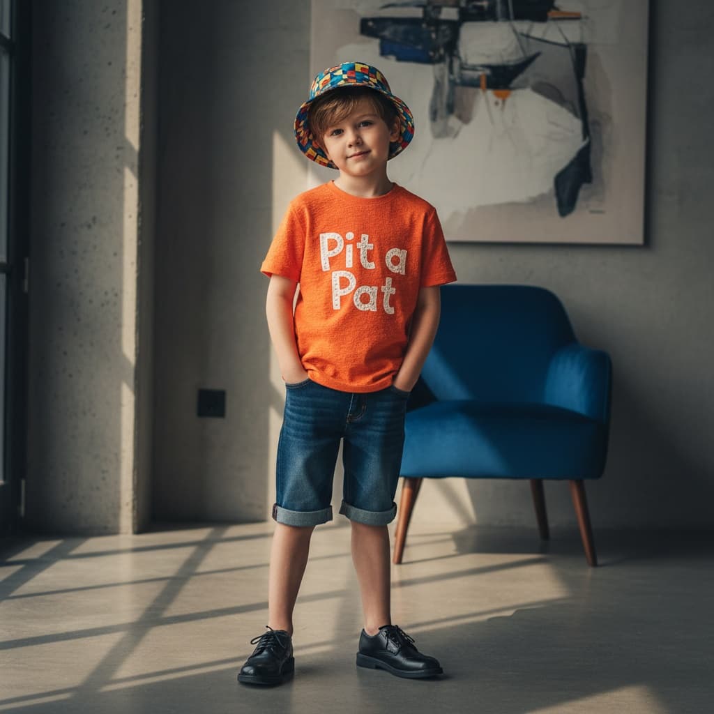 An Orange T-Shirt With pit A Pat" Text, Dark Denim Shorts, A Patterned Bucket Hat, And Black Dress Shoes.