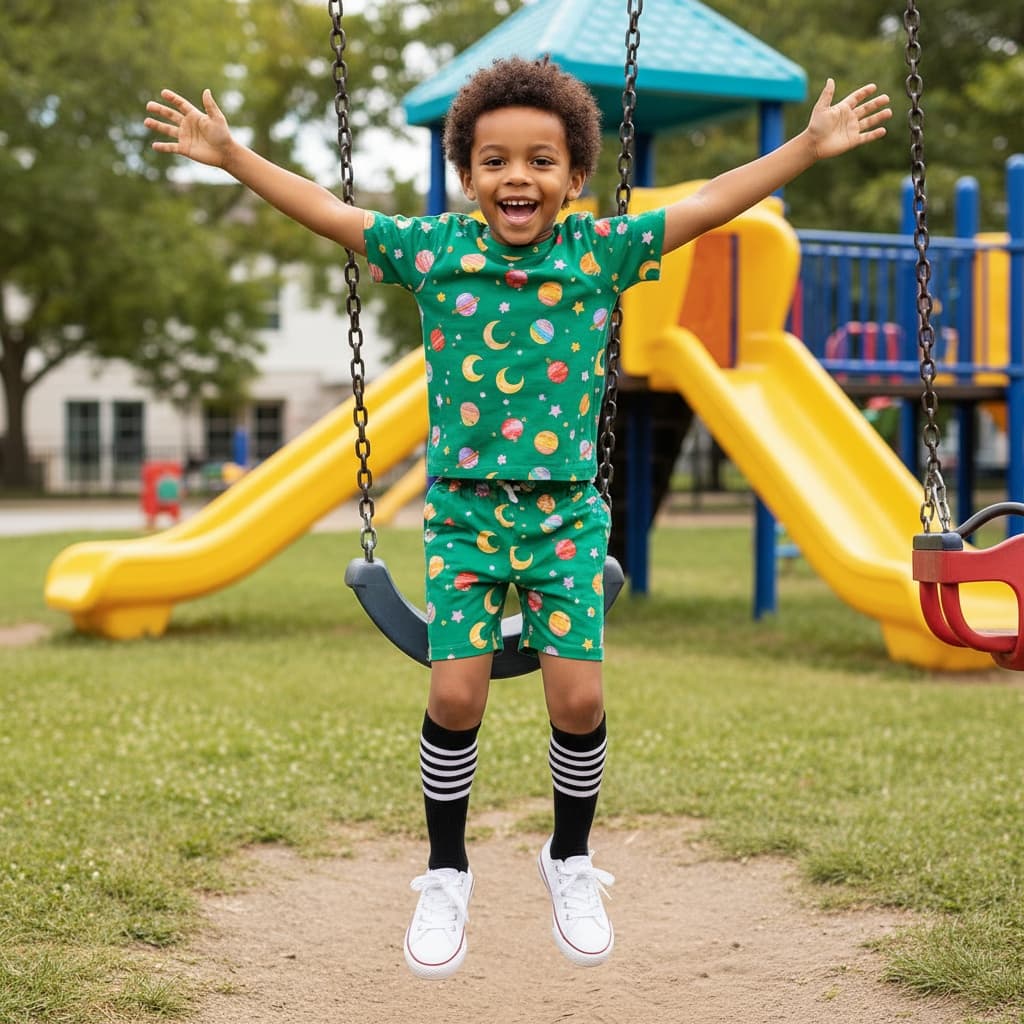 A Green Short-Sleeved Set With An All-Over Planet Print, Paired With White Sneakers And Black And White Striped Socks.