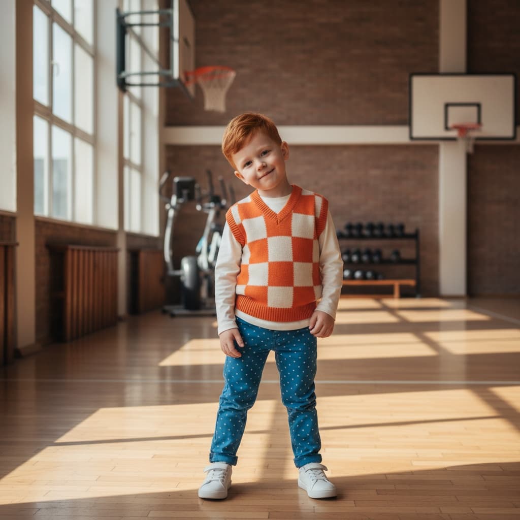 A Cream Long-Sleeved Shirt With An Orange Checkered Knit Vest, Blue Polka-Dot Trousers, And White Sneakers.