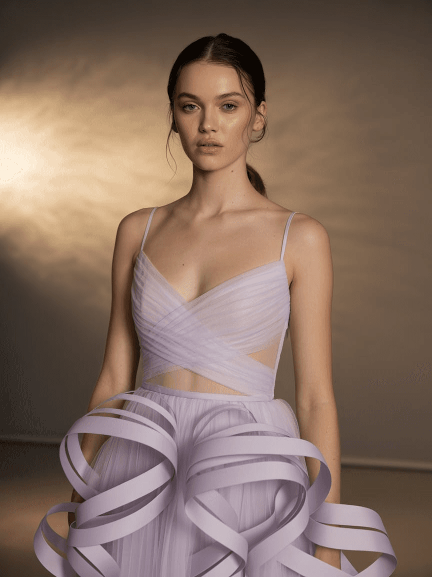 Pastel Layered Gown With Cascading Ruffled Tulle And Sheer Bodice.