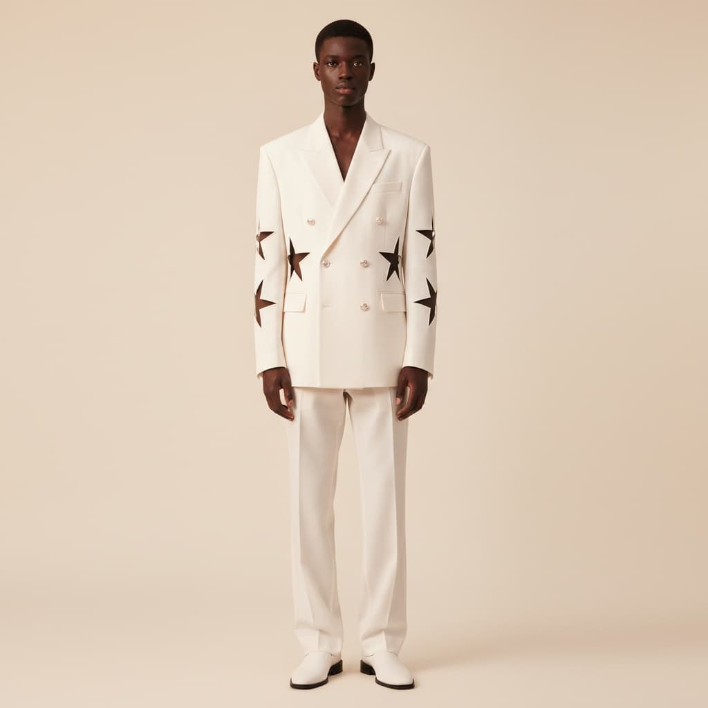 White Double-Breasted Suit With Geometric Cut-Out Star Patterns, Straight Relaxed Trousers, Structured Oversized Silhouette, Smooth Matte Fabric, Paired With Matching White Shoes.