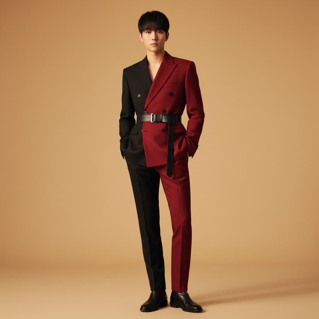 Two-Tone Tailored Suit In Black And Deep Red, Asymmetric Double-Breasted Design With Cinched Waist Belt, Slim Silhouette, Wool-Blend Fabric.