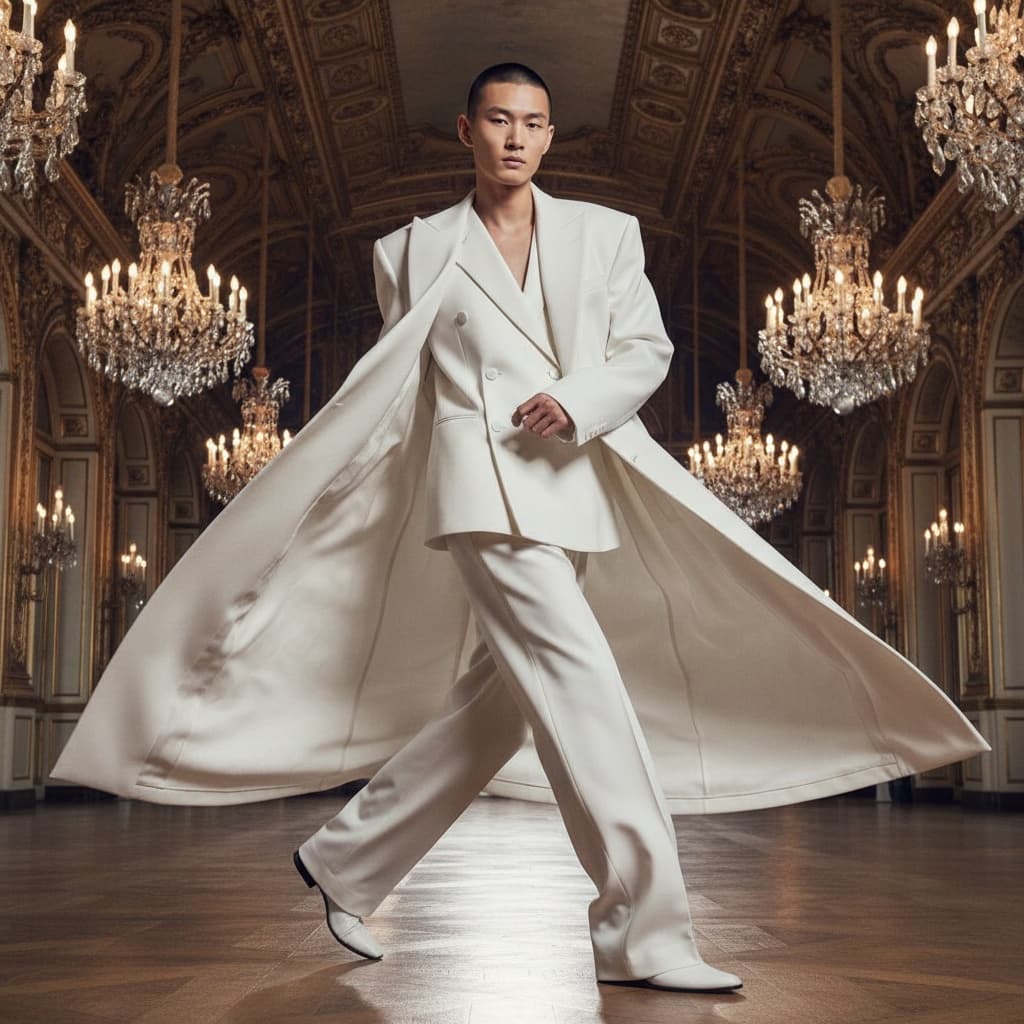 Oversized White Double-Breasted Suit With Extended Draped Overcoat, Wide-Leg Trousers, Soft Structured Shoulders, Wool Or Crepe Fabric With Matte Finish.