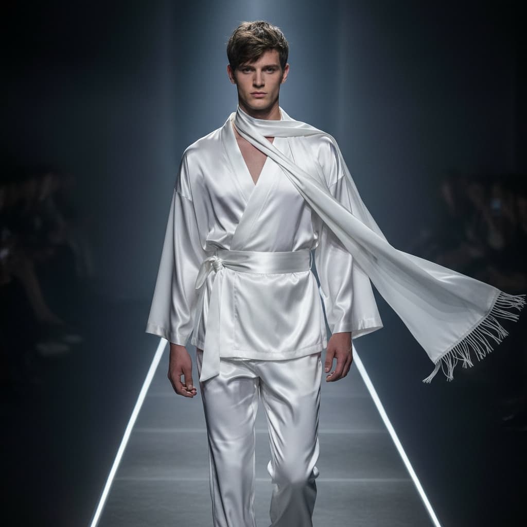 White Satin Kimono-Style Wrap Set Featuring An Obi Belt, Straight-Leg Wide Pants, A Draped Scarf Extension With A Fringed Hem, And A Flowing, Lustrous Fabric.