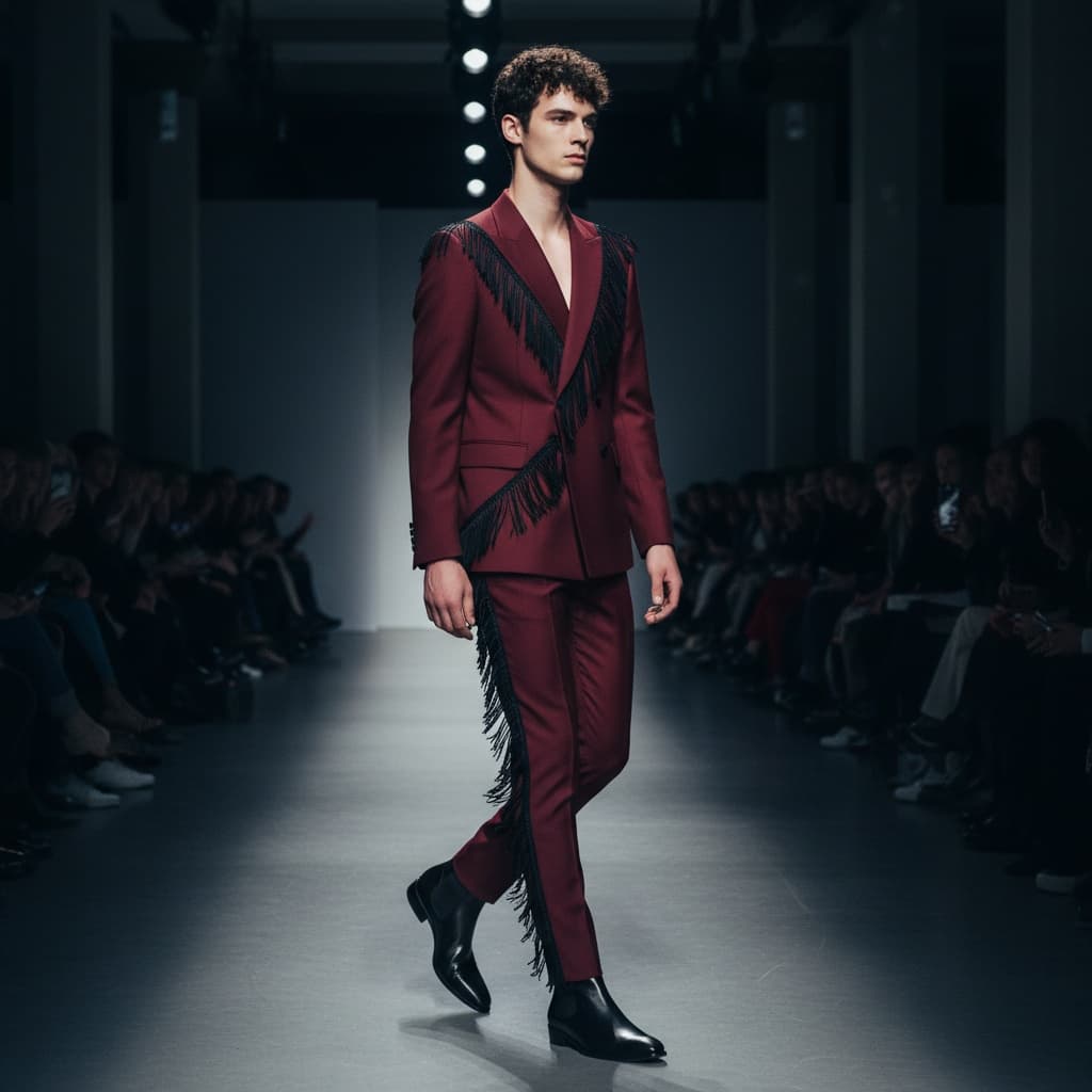 A Burgundy Red Tailored Suit, A Double-Breasted Blazer With Diagonal Black Tassel Trim, Slim-Fit Trousers With Tassel Trim, And Pointed Black Leather Boots.
