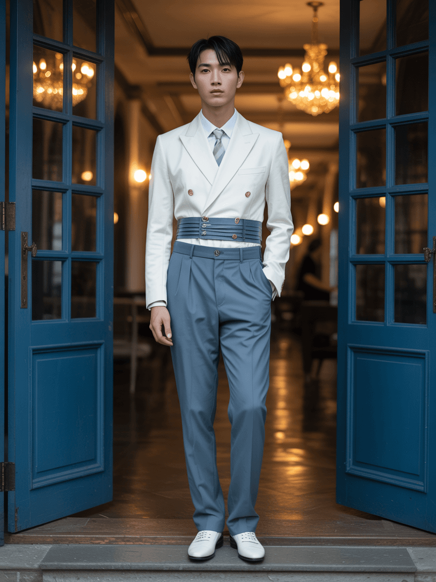 A White Tuxedo With Gold Buttons, A Layered Asymmetrical Blue Belt, Slim-Fit Trousers With A Structured Silhouette In Smooth Suiting Fabric, And White Dress Shoes.