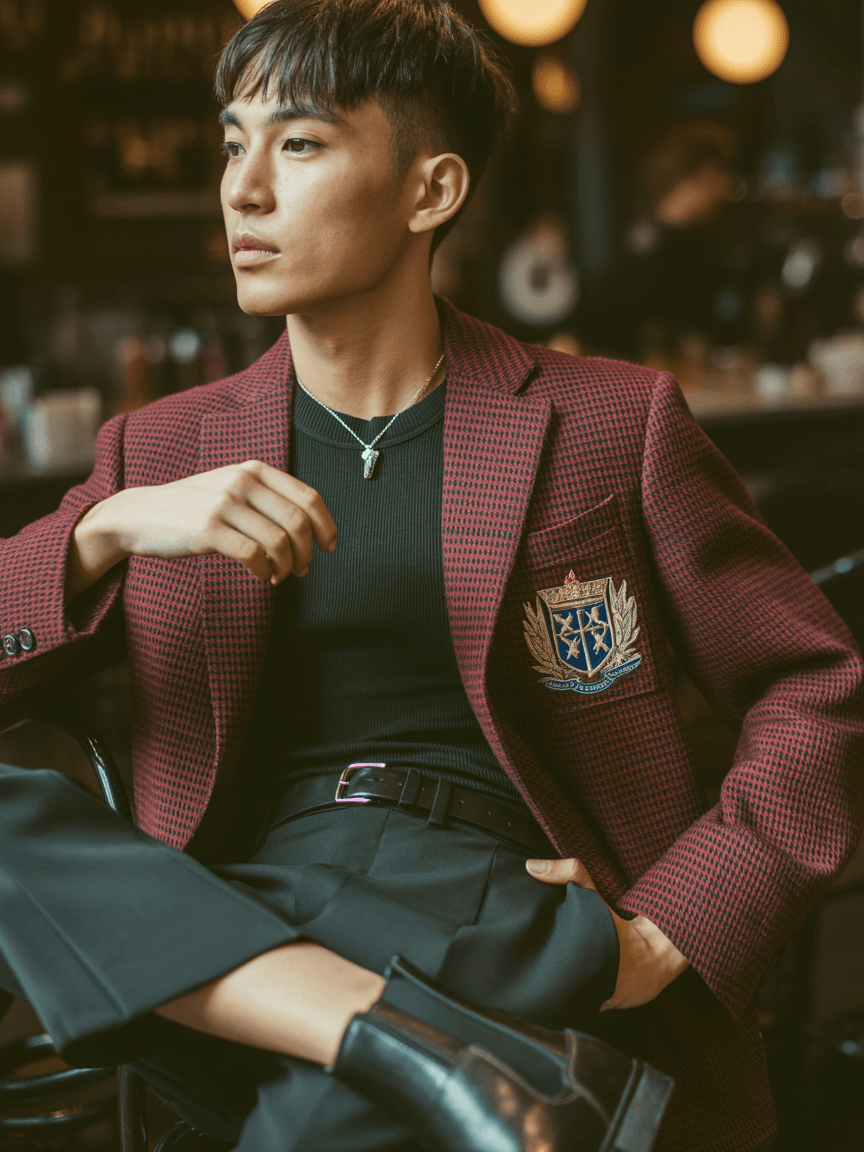 Red Checkered Blazer With Crest Emblem, Black Turtleneck Top, Slim Black Trousers, And Black Leather Chelsea Boots