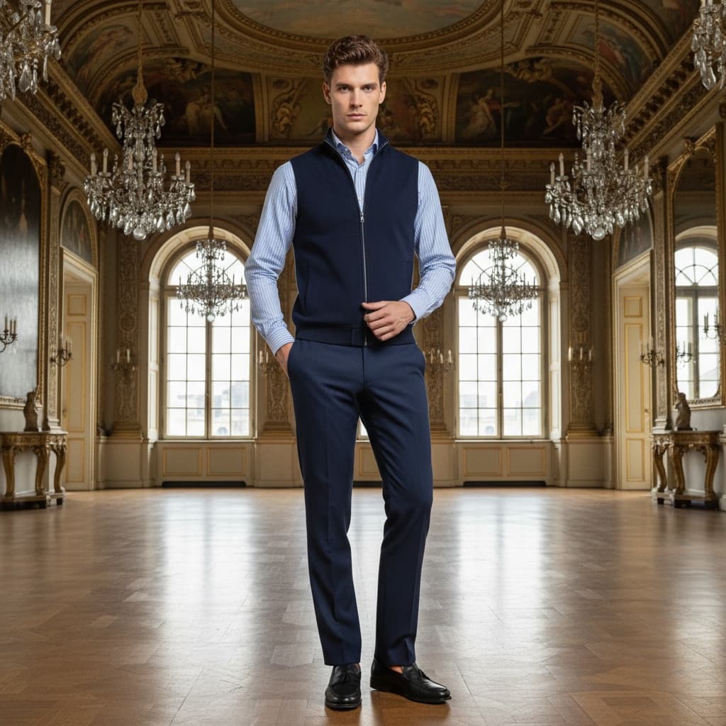 Navy Blue Zip-Up Vest, Light Blue Striped Shirt, Navy Blue Tailored Trousers With Straight Legs, And Black Leather Shoes