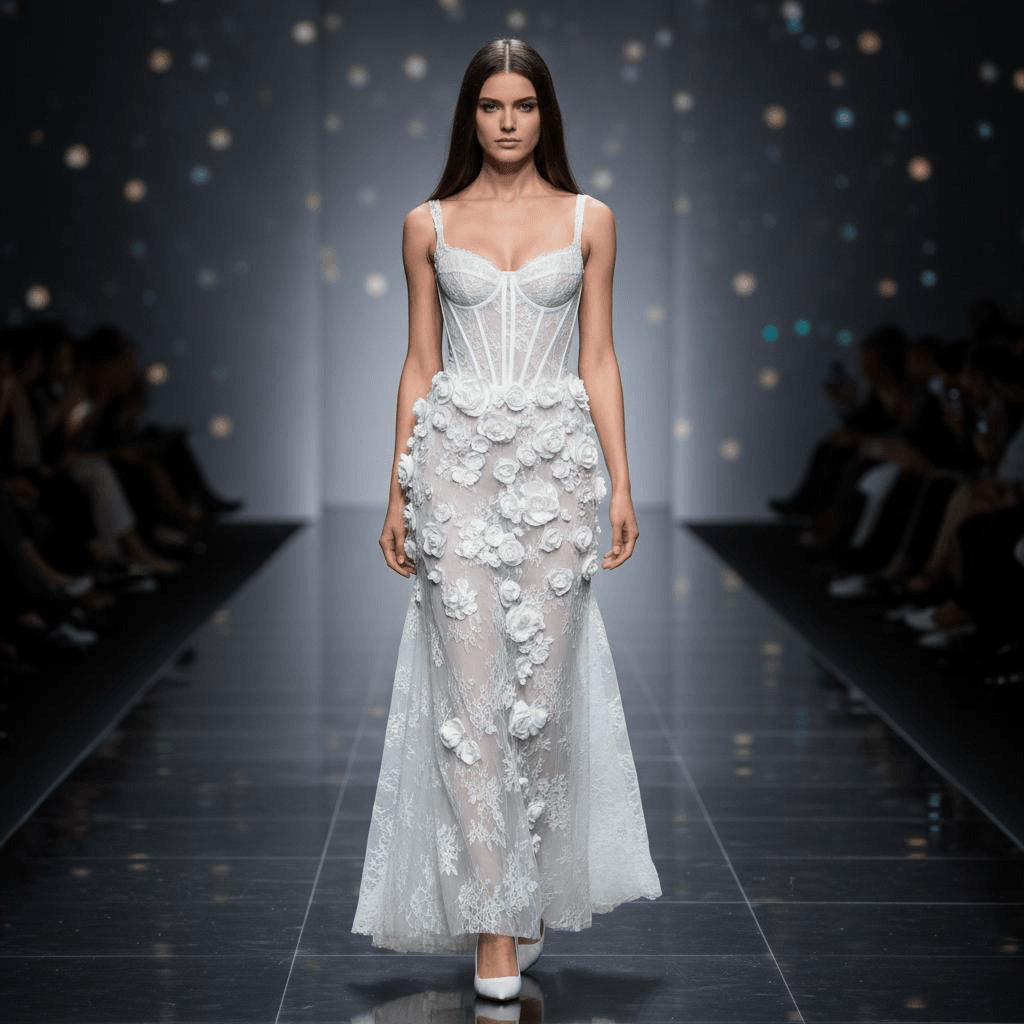 White Corset Dress With Lace Details And Floral Embellishments On The Center, Paired With White High Heels