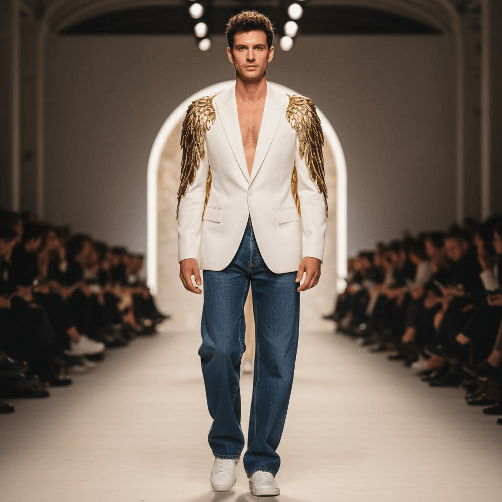 White Tailored Blazer With Gold Wing-Like Details, Paired With Wide-Leg Dark Blue Denim Jeans
