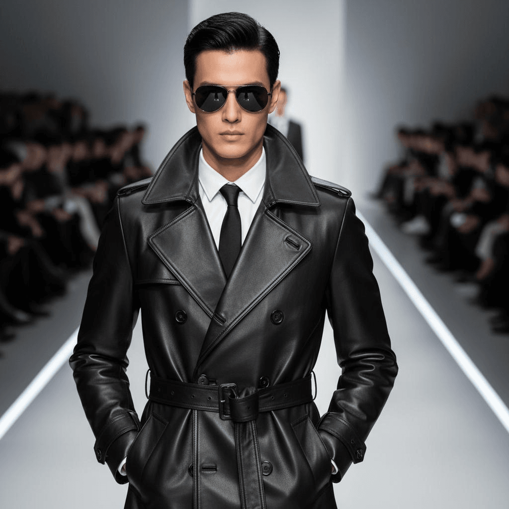 Black Leather Double-Breasted Trench Coat, Black Tie, And Dress Shirt