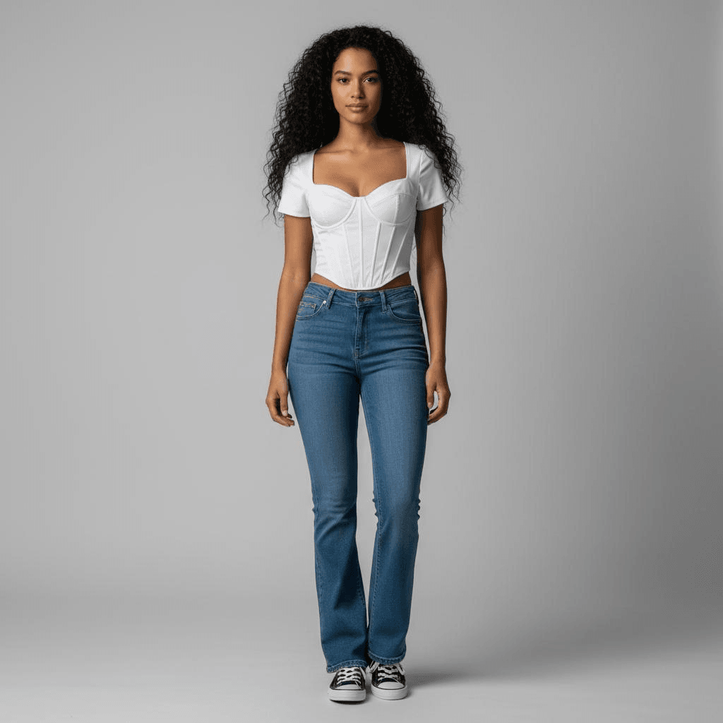 White Short-Sleeve Corset Top With Sweetheart Neckline, Blue Bootcut Jeans, And Black Canvas Sneakers