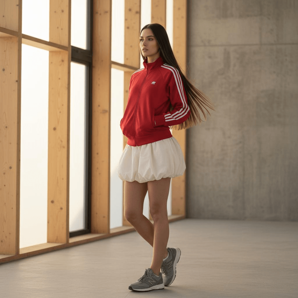 Red Track Zip Jacket With White Stripes, Ivory Bubble Mini Skirt, Grey Sneakers
