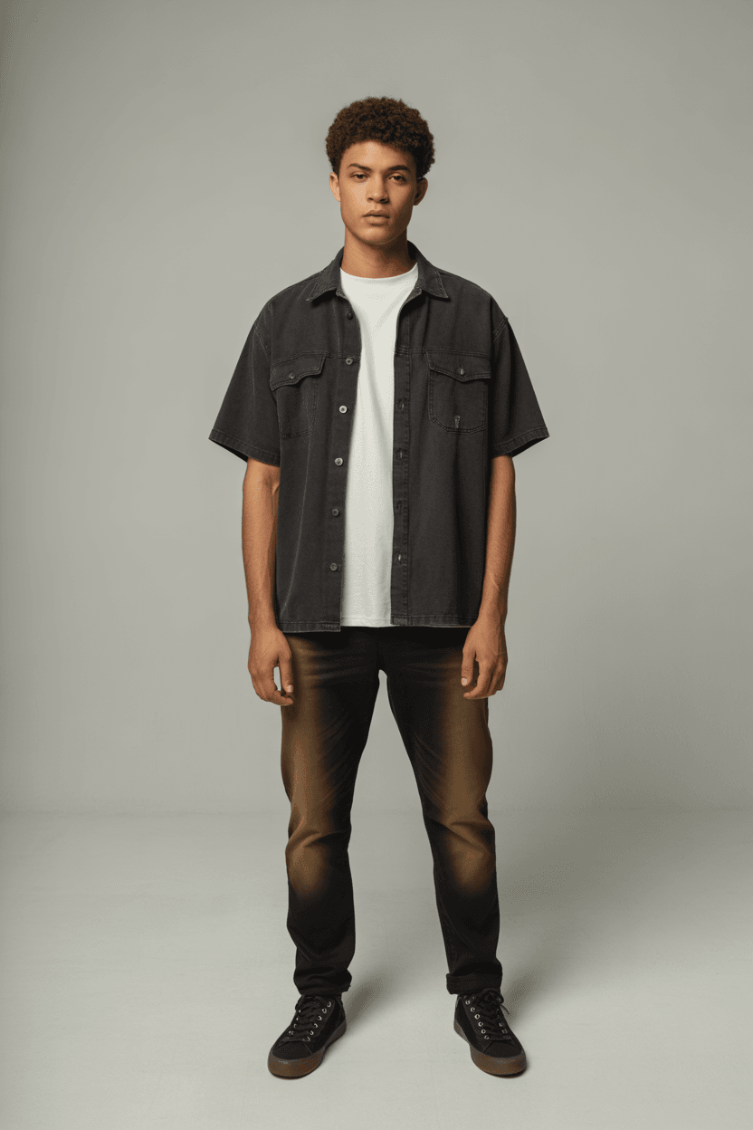 Black Mechanic Shirt Over White Tee With Brown-Black Gradient Jeans And Black Canvas Sneakers