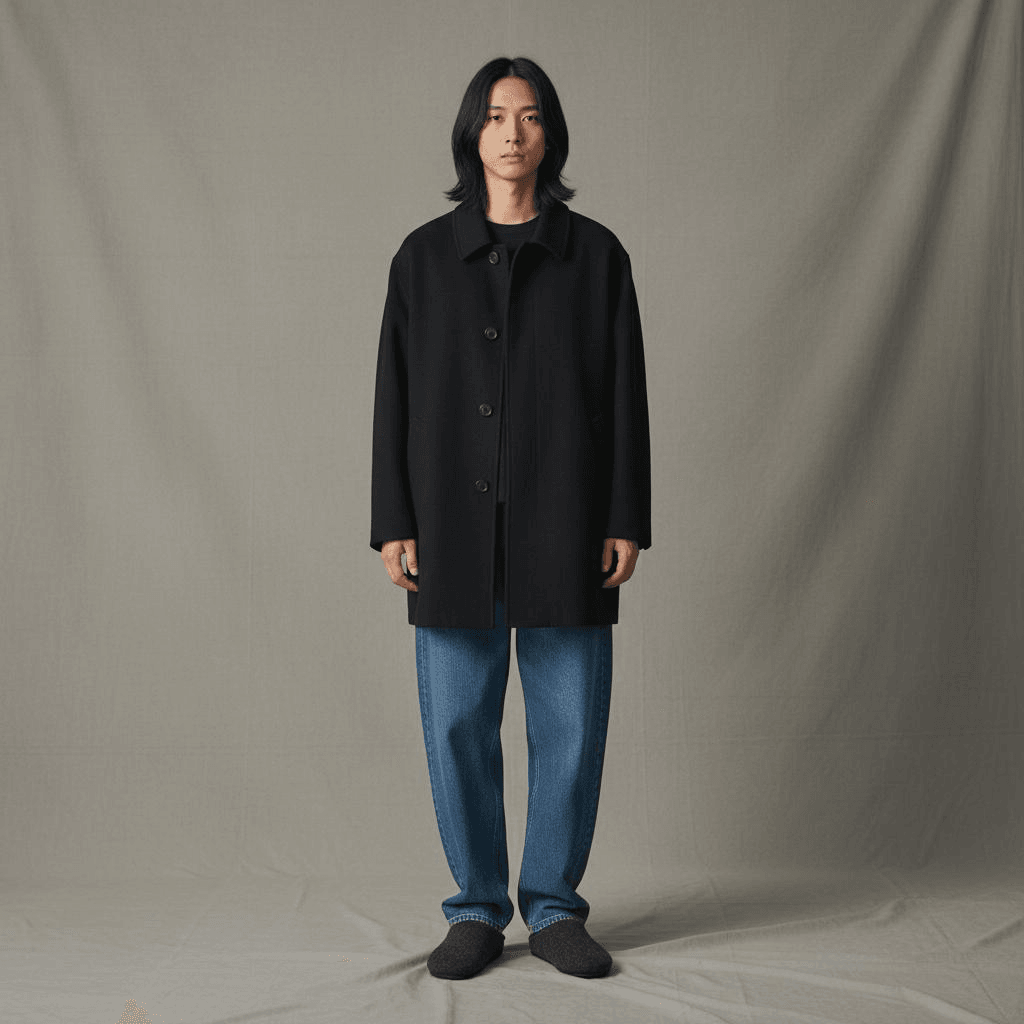 Black Oversized Wool Button Coat With Blue Relaxed Jeans And Dark Felt Slippers