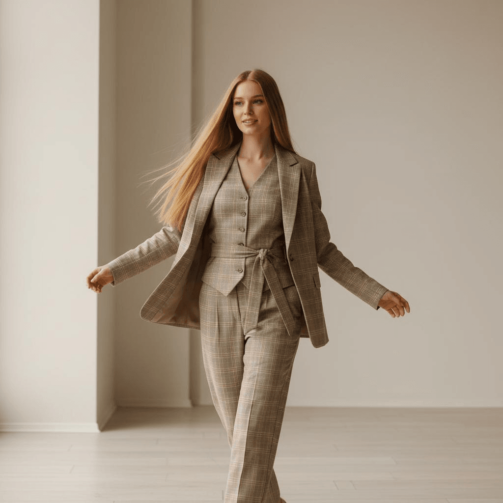 Beige Plaid Three-Piece Suit With Wrap Belt And Relaxed Trousers