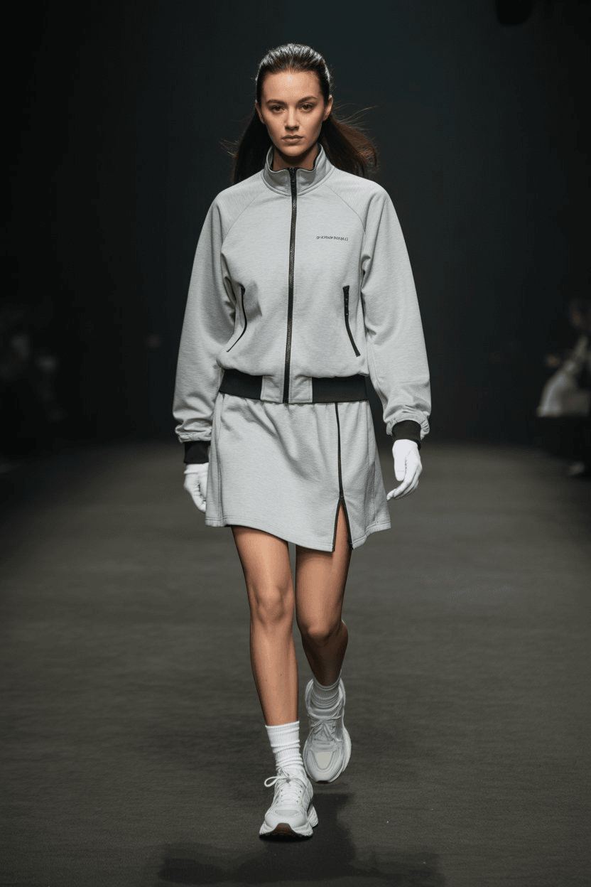 Light Grey Zip-Up Sports Jacket With Black Trims Paired With A Matching Straight Skirt, Styled With White Gloves, White Athletic Socks, And Chunky White Sneakers