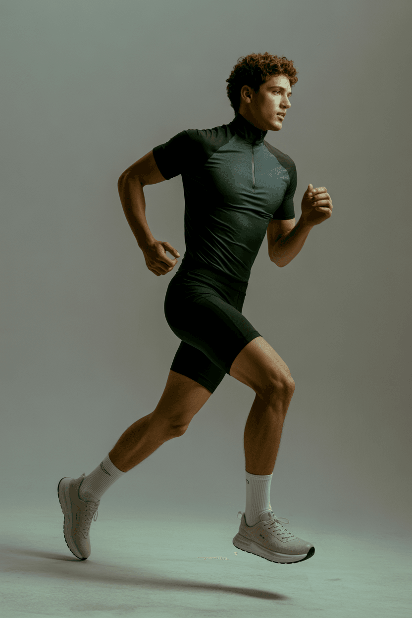 Black And Dark Green High Neck Half Zip Sports Top, Black Tight Cycling Shorts, Paired With White Socks And Beige Sneakers.