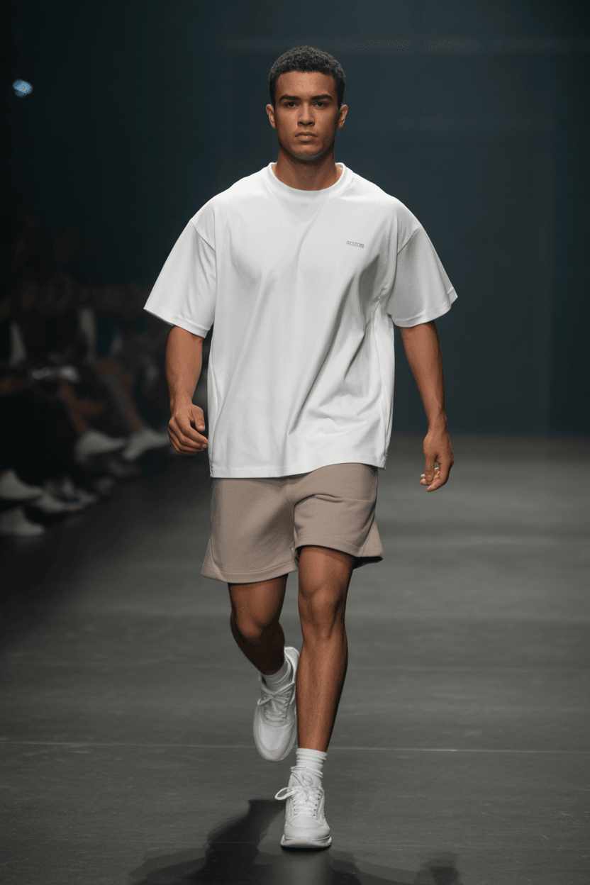 A White Short Sleeved Sports T-Shirt, Paired With Beige Sports Shorts And White Sneakers.