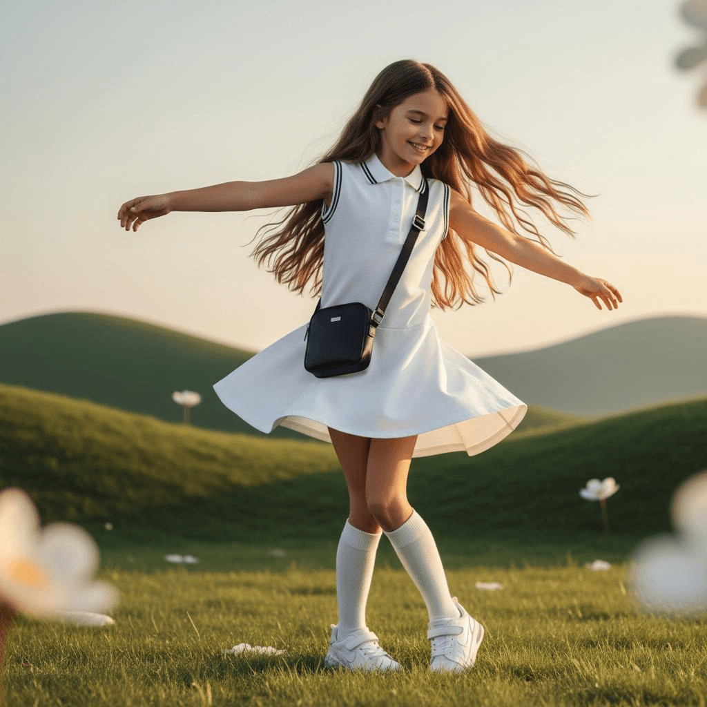 White Sleeveless Polo Skirt, Navy Blue Collar, Paired With White Knee High Socks And White Sneakers, Paired With A Black Crossbody Bag.