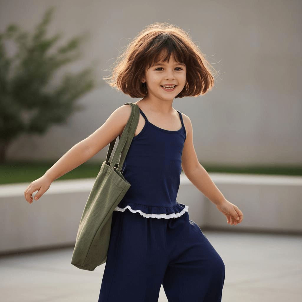 Navy Blue Slim Shoulder Strap Top With White Ruffled Edges At The Bottom. Navy Blue Wide Leg Pants, Paired With A Green Tote Bag.