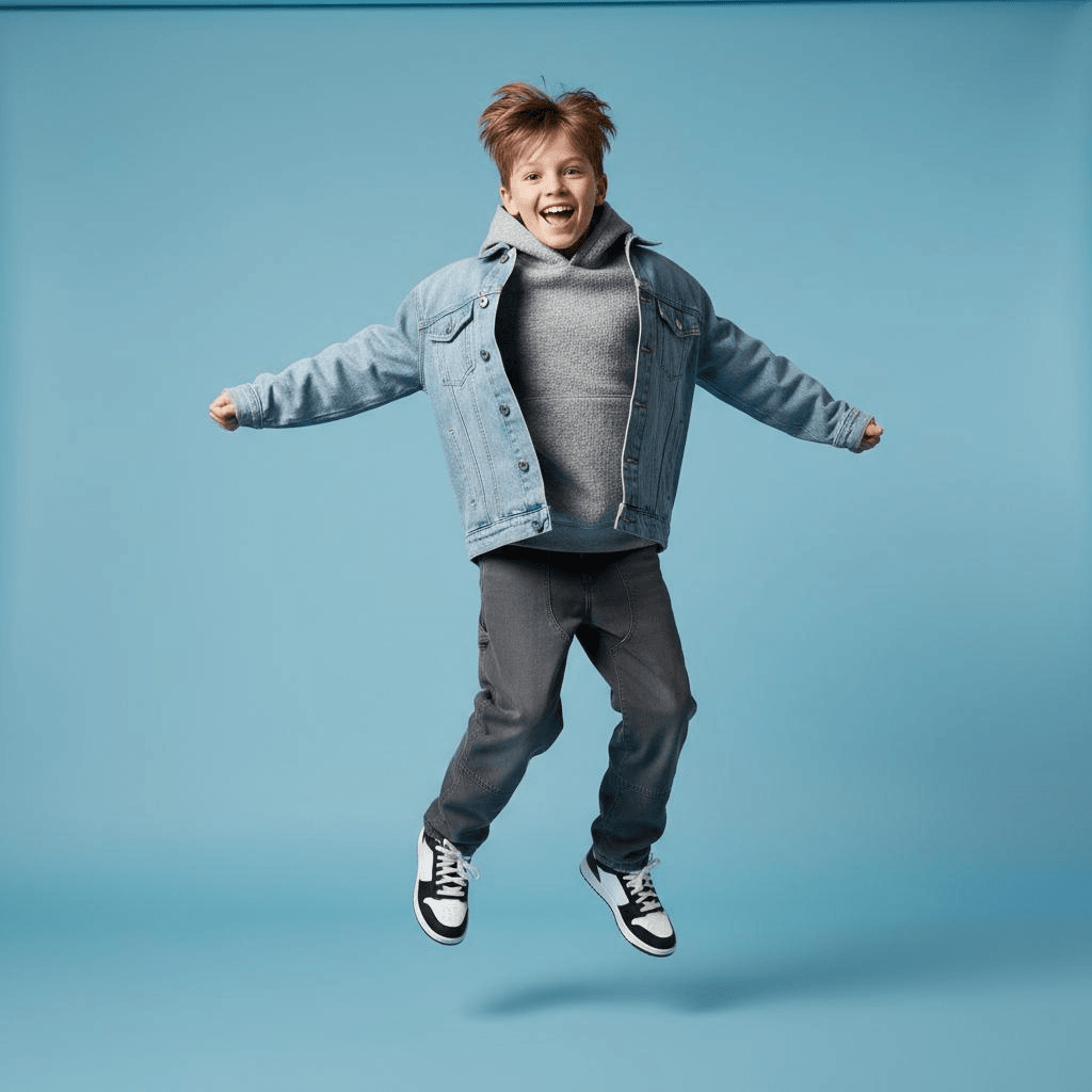 A Light Blue Oversized Denim Jacket Paired With A Gray Hoodie And Loose Dark Gray Work Pants. Black And White Sports Shoes.