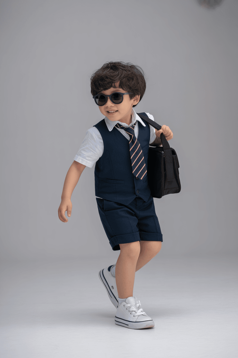 A White Shirt, A Dark Blue Vest, And Matching Shorts, Paired With A Striped Tie, Black Sunglasses, And A Black Bag. White Sneakers With Black Soles.
