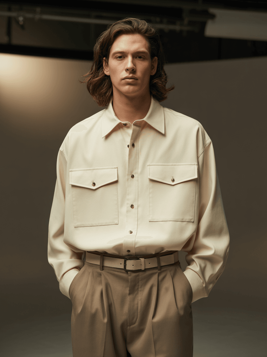 Cream-Colored Oversized Shirt With Large Flap Pockets And Metallic Snaps, Paired With High-Waisted Pleated Trousers And A Beige Belt.