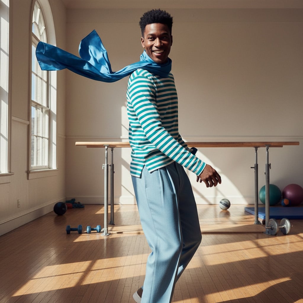 Striped Teal And White Shirt Paired With Light Blue Pleated Trousers, Accessorized With A Blue Scarf