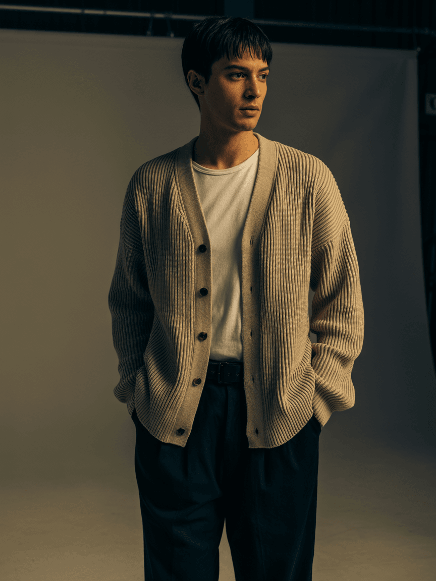 Beige Ribbed Knit Cardigan With Button Closure Layered Over A White T-shirt, Paired With Loose Black Trousers