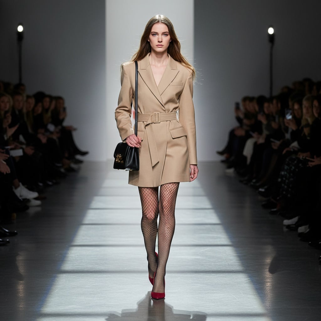 Beige Blazer Dress With A Belt, Paired With Fishnet Tights And Red Heels, Accessorized With A Black Bag.