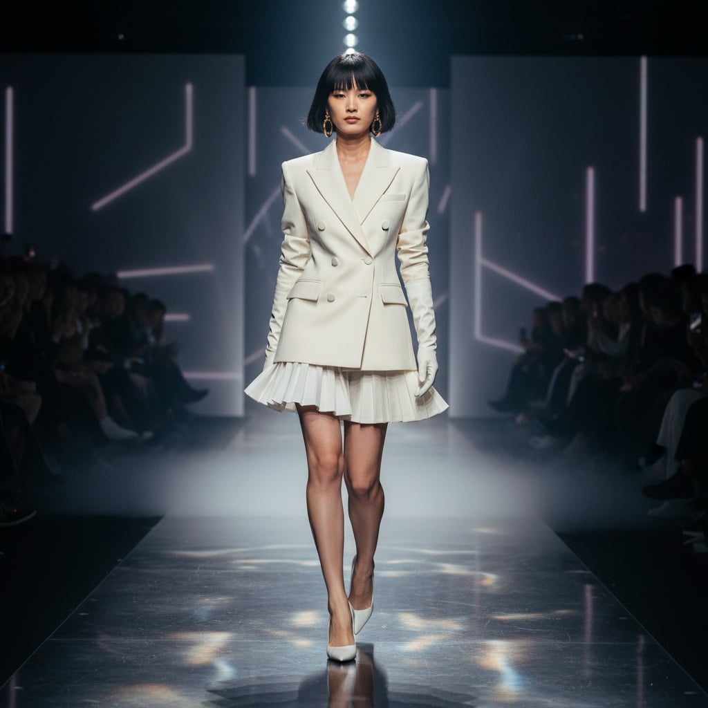White Blazer With A Pleated Skirt, Accessorized With Hoop Earrings, Gloves, And White Heels.