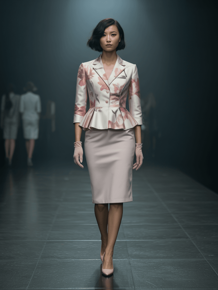 Floral-Print Peplum Suit, Paired With A Pencil Skirt, Gloves, And Nude Heels.