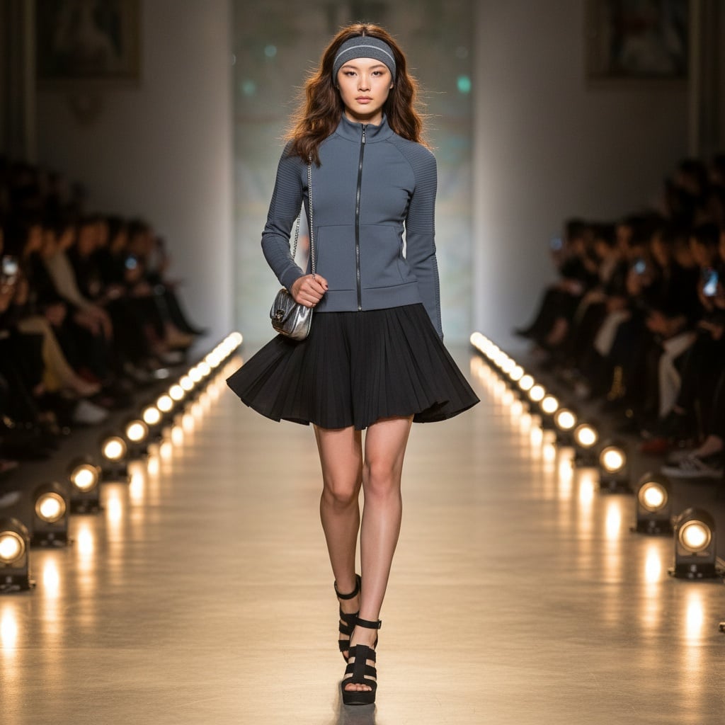 Grey Zip-Up Athletic Top Paired With Black Skirt And Matching High Heels, Accessorized With A Headband.