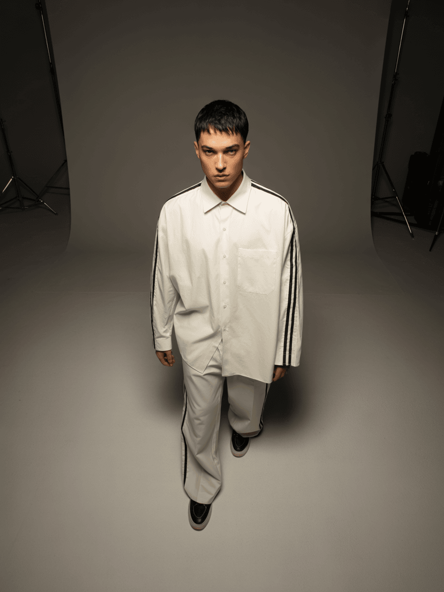 White Oversized Shirt With Black And White Side Stripes, Paired With Matching White Pants And Black Sneakers.