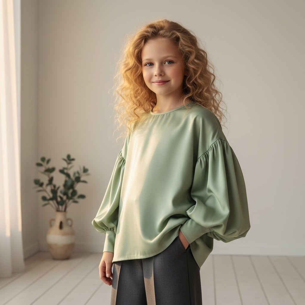 Light Green Oversized Blouse With Puffed Sleeves, Paired With Gray Pants.