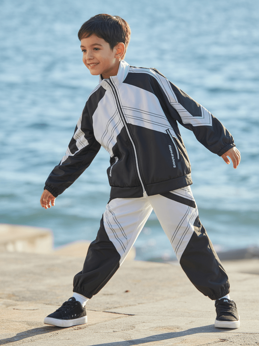 Black And White Athletic Jacket With Geometric Patterns, Paired With Matching Pants And Black Sneakers